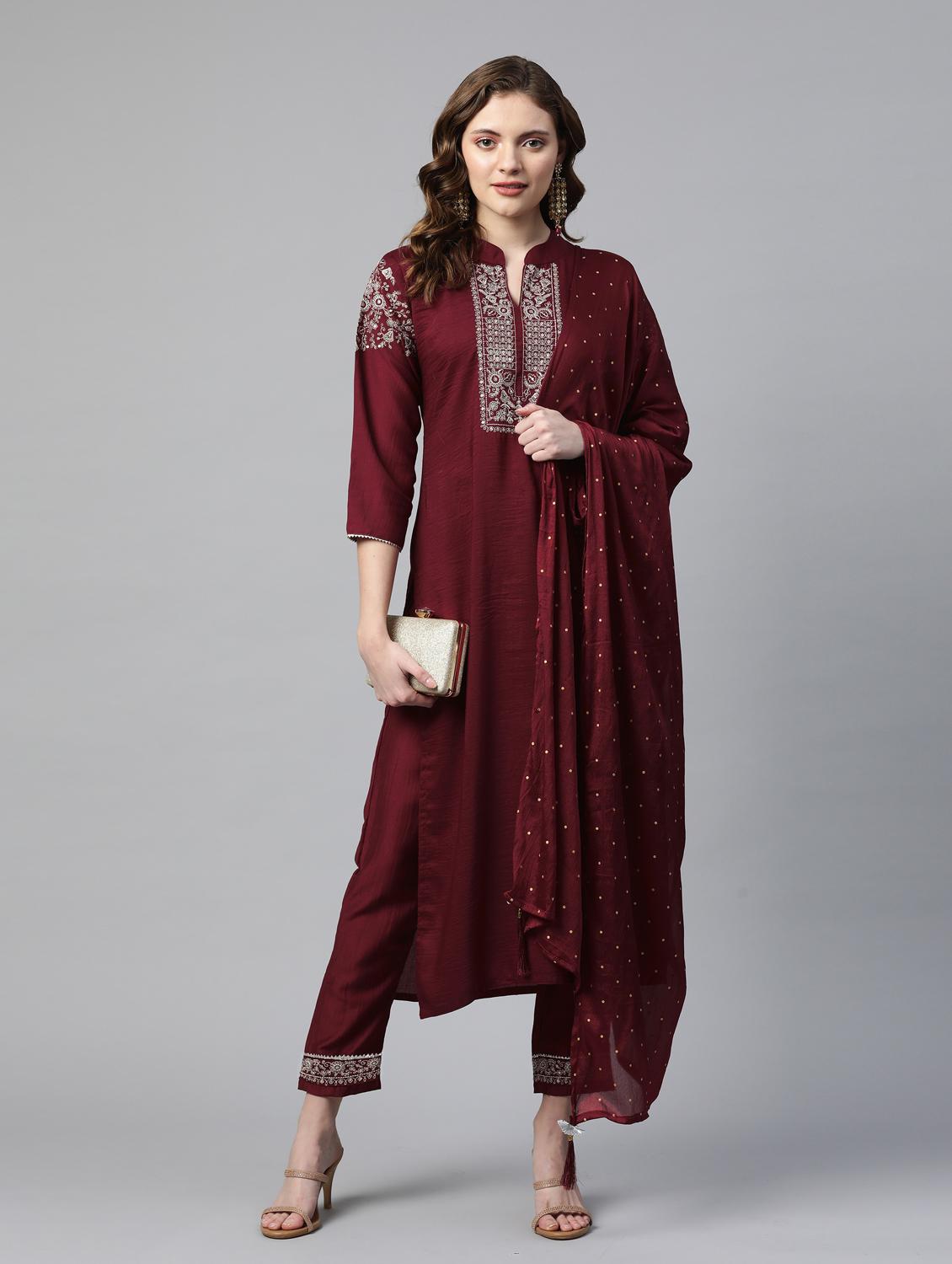 maroon embroidered kurta pant set with dupatta - 18875394 - Zoom Image - 3