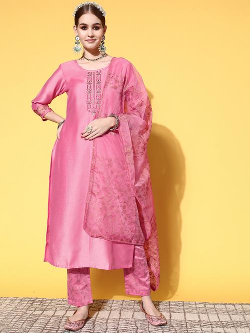 embroidered kurta set with dupatta - 18875432 - Very Small Image - 1