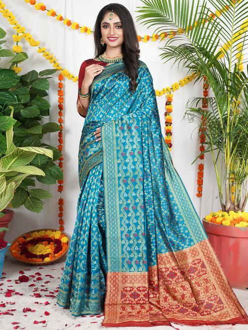 sky blue silk patola saree with blouse - 18875572 - Very Small Image - 1