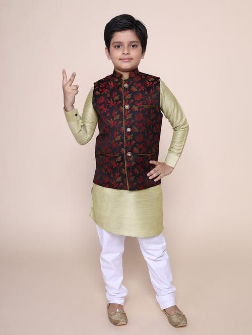 boys solid kurta pyjama set with printed nehru jacket - 18875929 - Very Small Image - 1
