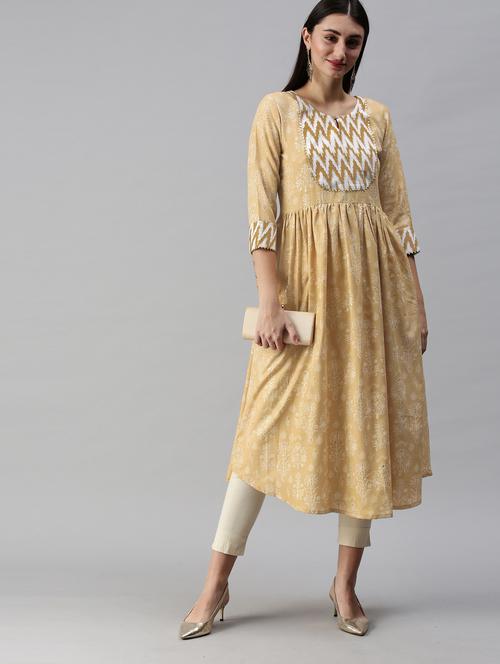 mustard cotton blend flared kurta - 18879165 - Very Small Image - 1