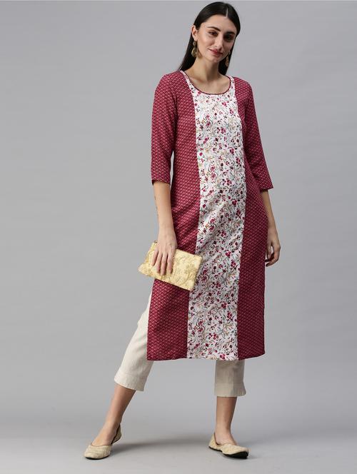 maroon cotton blend straight kurta - 18879172 - Very Small Image - 1