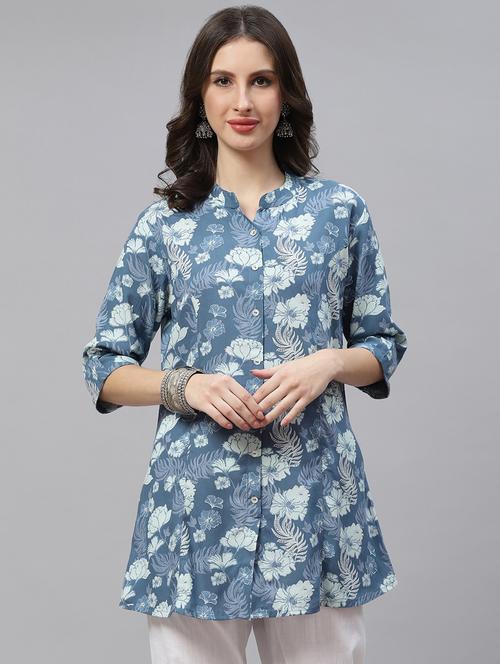 blue mandarin neck printed a-line tunic - 18879561 - Very Small Image - 1