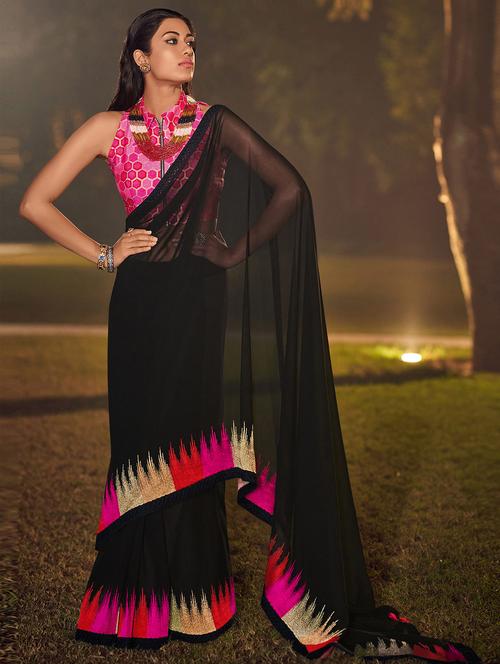 solid black saree with blouse - 18886644 - Very Small Image - 1