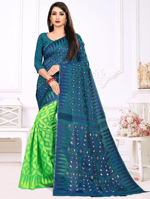 dark blue cotton jamdani saree with blouse - 18886734 - Very Small Image - 1