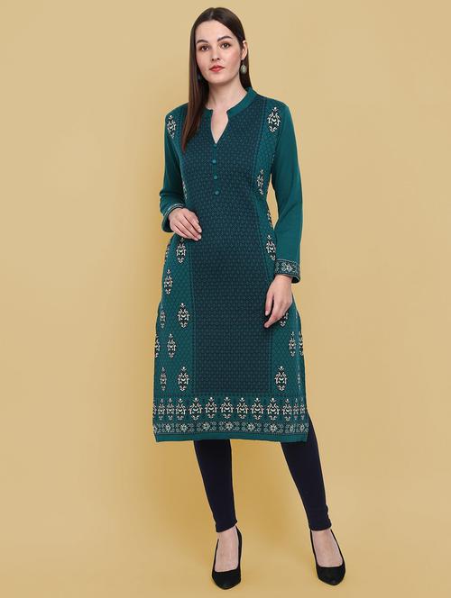 teal self design straight kurta - 18902722 - Very Small Image - 1