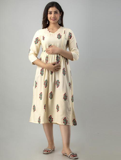 cream printed three quarter sleeve maternity wear dress - 18902799 - Very Small Image - 1