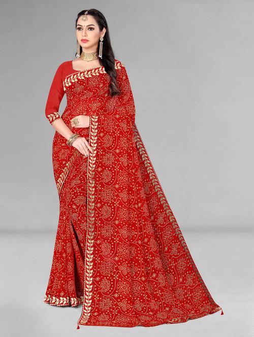 women's bordered red colored saree with blouse - 18907544 - Very Small Image - 1