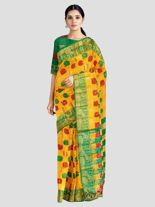 yellow cotton silk jamdani saree with blouse - 18908043 - Very Small Image - 1