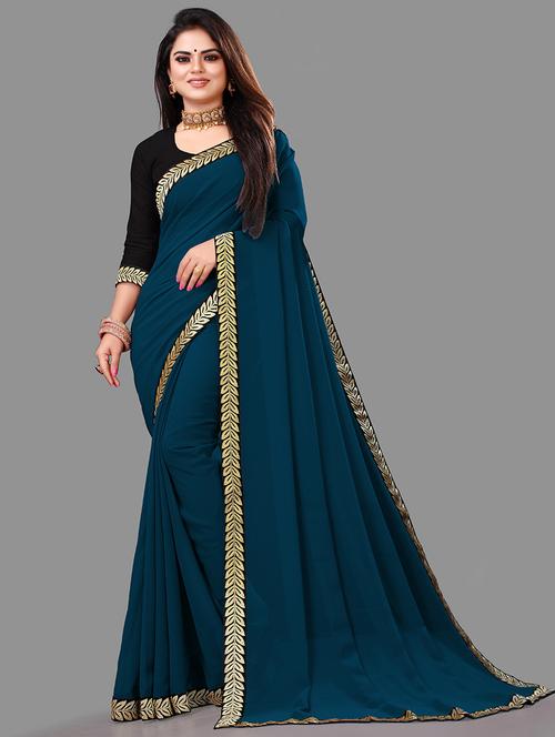 women's solid blue colored saree with blouse - 18909873 - Very Small Image - 1