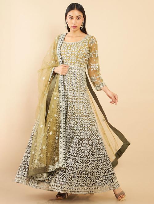 yellow crepe flared ethnic dress - 18929816 - Very Small Image - 1