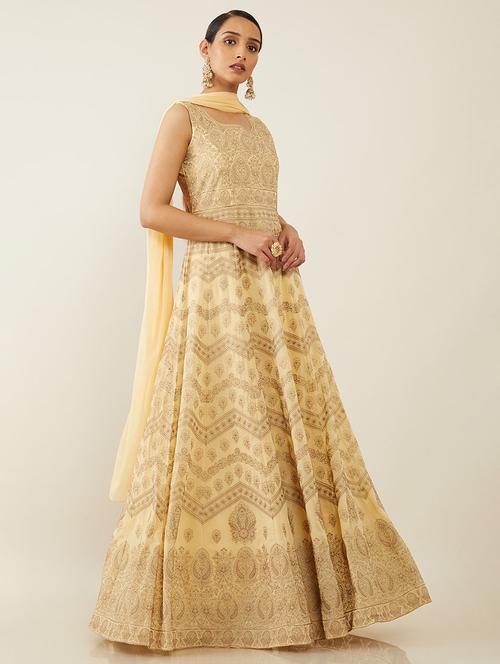 yellow georgette flared ethnic dress - 18929858 - Very Small Image - 1