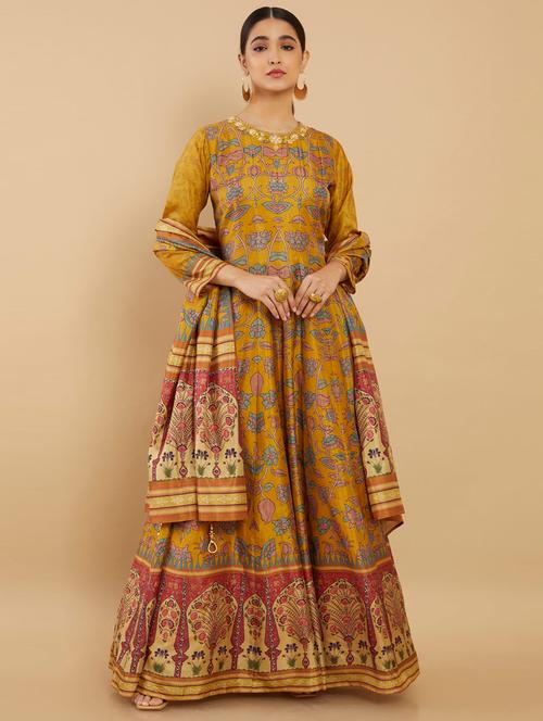 yellow printed flared ethnic dress - 18931004 - Very Small Image - 1