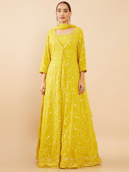 yellow georgette flared ethnic dress - 18931035 - Very Small Image - 1