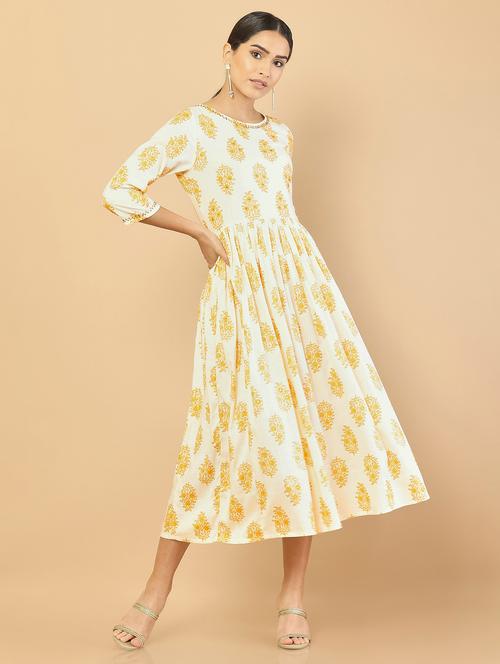 yellow block print a-line kurta - 18932278 - Very Small Image - 1
