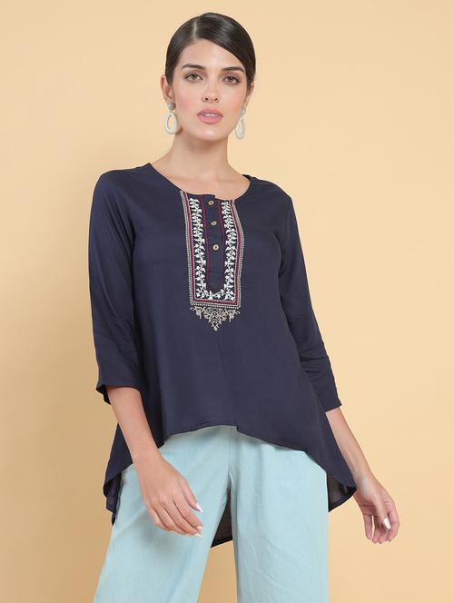 blue yoke embroidered round neck tunic - 18932282 - Very Small Image - 1