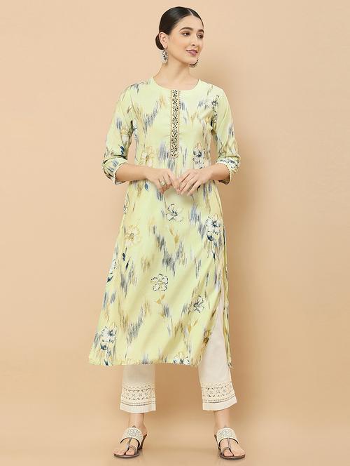 yellow coloured printed a-line kurta - 18932450 - Very Small Image - 1