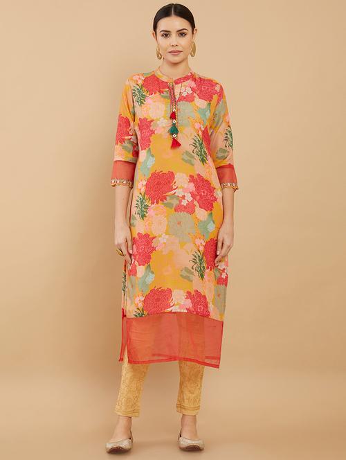yellow printed straight kurta - 18932619 - Very Small Image - 1