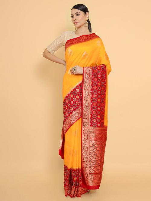 yellow silk jamdani saree with blouse - 18932674 - Very Small Image - 1