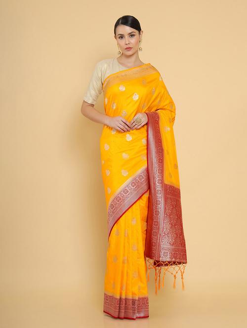 yellow silk jamdani saree with blouse - 18932729 - Very Small Image - 1