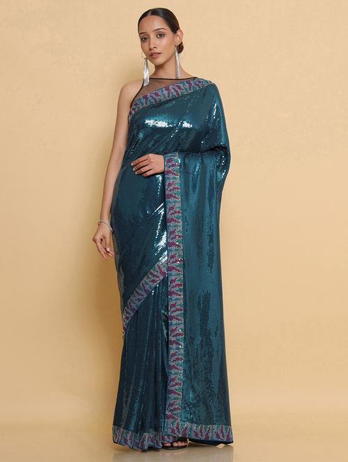 green georgette embroidered saree with blouse - 18932788 - Very Small Image - 1