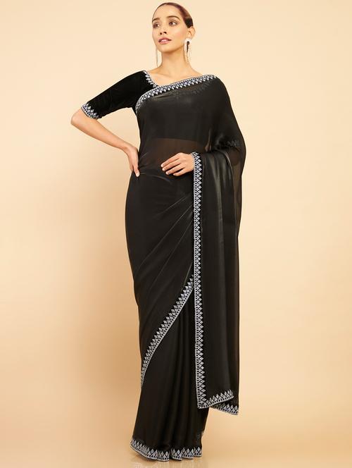 black lace detailed saree with blouse - 18933022 - Very Small Image - 1