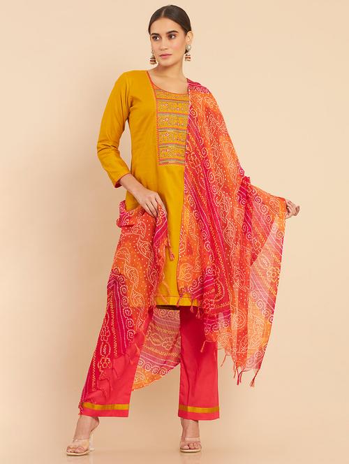 yellow coloured embroidered salwar unstitched suit  - 18934885 - Very Small Image - 1