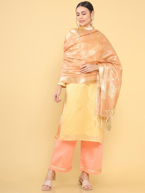 yellow coloured jacquard salwar unstitched suit  - 18934935 - Very Small Image - 1