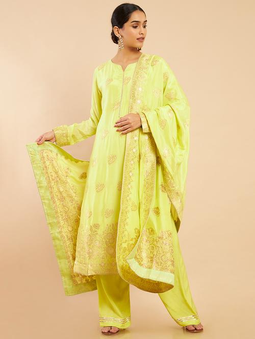 yellow coloured embroidered salwar unstitched suit  - 18935018 - Very Small Image - 1