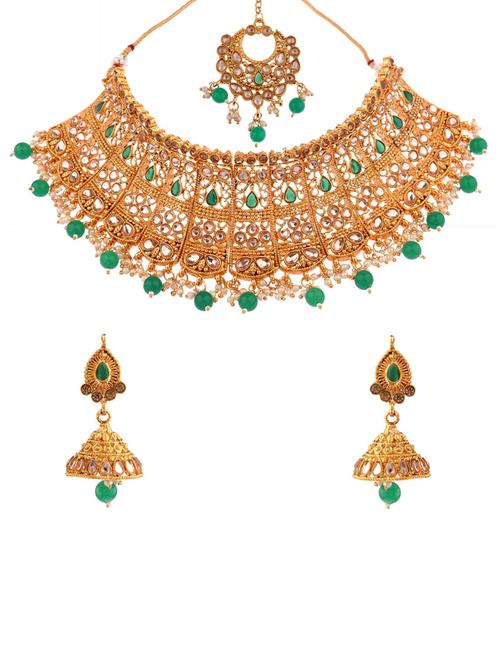 multi metal necklace, earring and maang tikka set - 18948587 - Very Small Image - 1