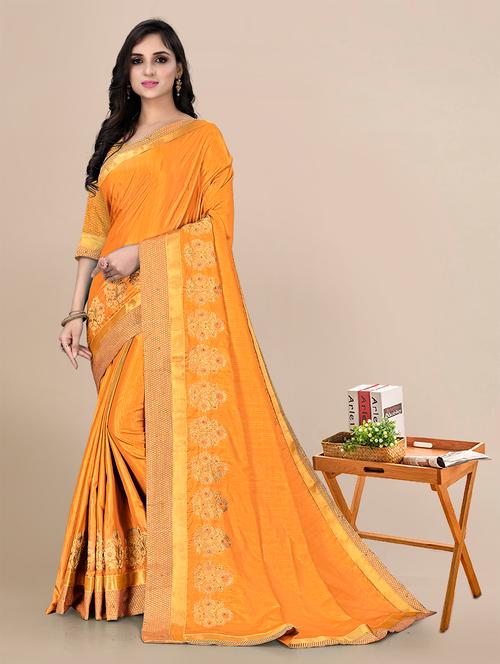 yellow coloured embroidered saree with unstitched blouse with blouse - 18958827 - Very Small Image - 1