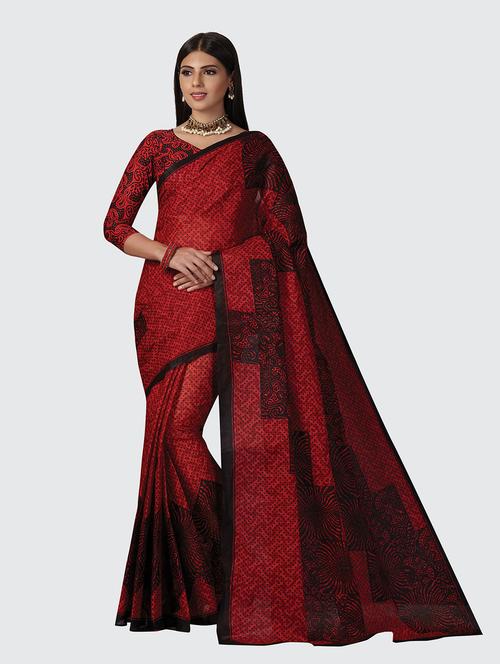 red cotton printed saree with blouse - 18959026 - Very Small Image - 1