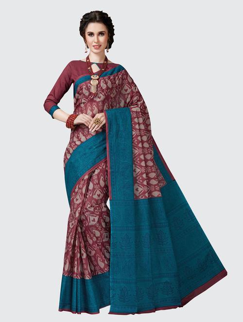 purple cotton printed saree with blouse - 18959176 - Very Small Image - 1