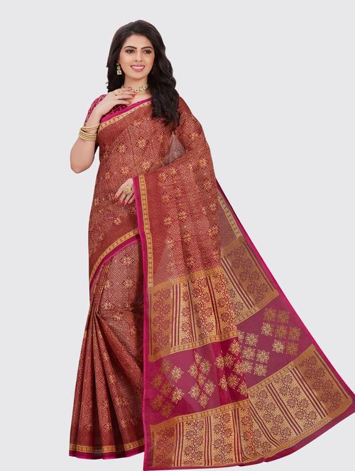 purple cotton printed saree with blouse - 18959184 - Very Small Image - 1