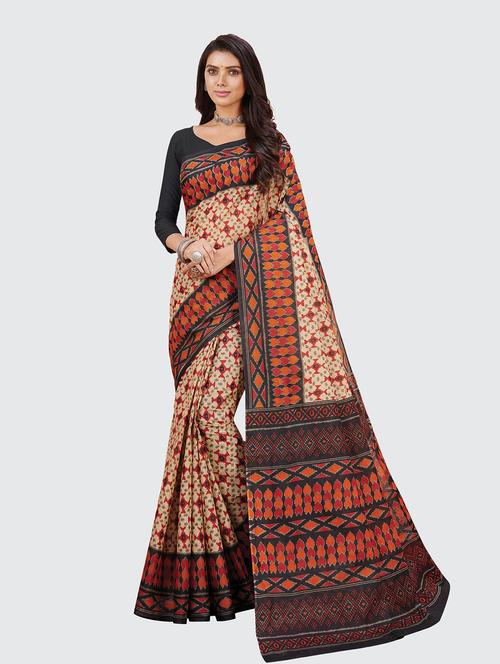beige cotton printed saree with blouse - 18959225 - Very Small Image - 1