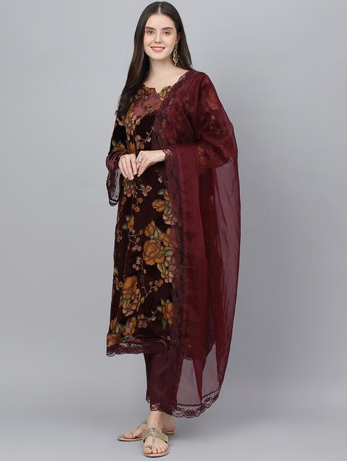women burgundy floral kurta pant set with dupatta - 18961551 - Very Small Image - 1