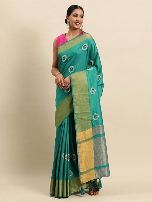 women's self design sea green colored saree with blouse - 18964075 - Very Small Image - 1