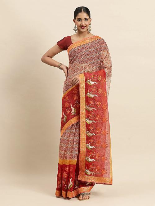 women's floral maroon colored saree with blouse - 18964080 - Very Small Image - 1