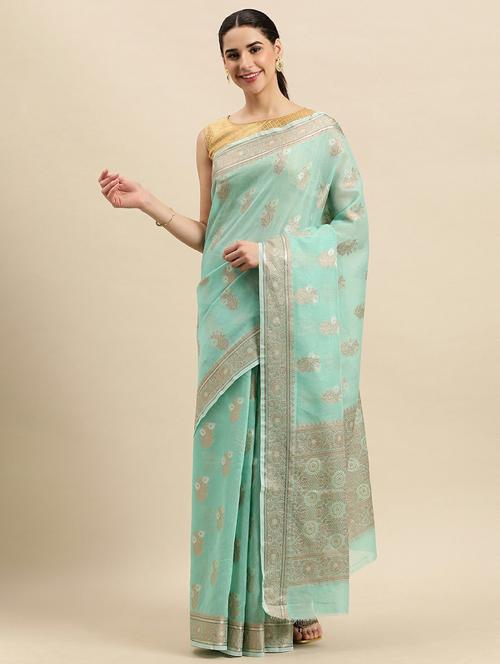 women's self design sea green colored saree with blouse - 18968342 - Very Small Image - 1