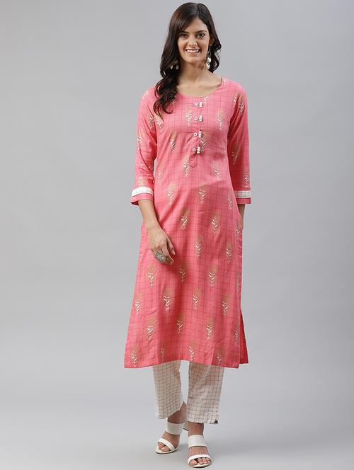 pink coloured jacquard kurta pant set - 18968635 - Very Small Image - 1