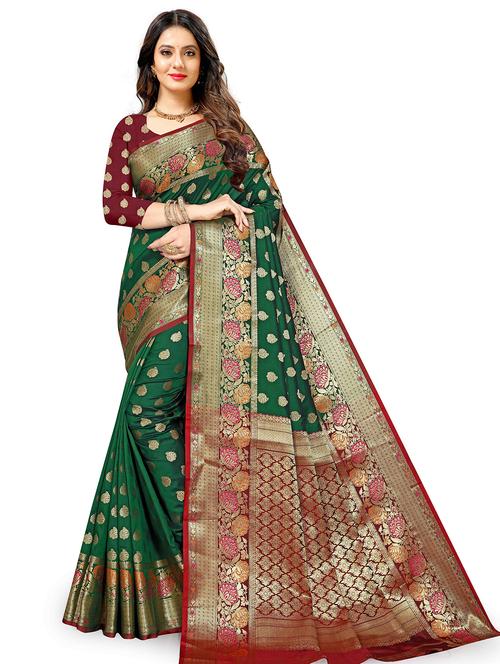dark green silk saree with blouse - 18974482 - Very Small Image - 1