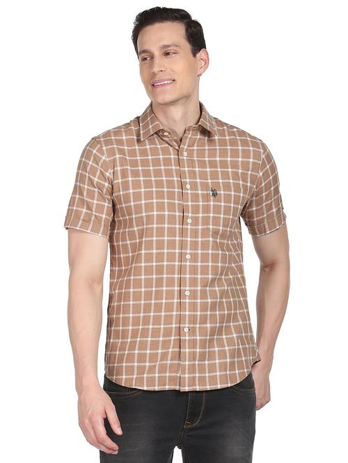 light brown windowpane check cotton twill casual shirt - 19066266 - Very Small Image - 1