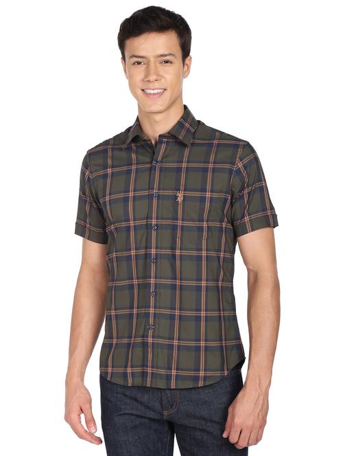 olive green checkered casual shirt - 19072692 - Very Small Image - 1
