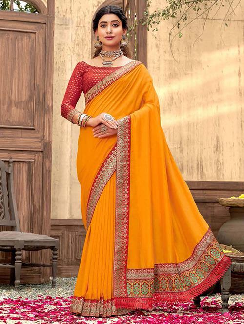solid bordered saree with blouse - 19082832 - Very Small Image - 1