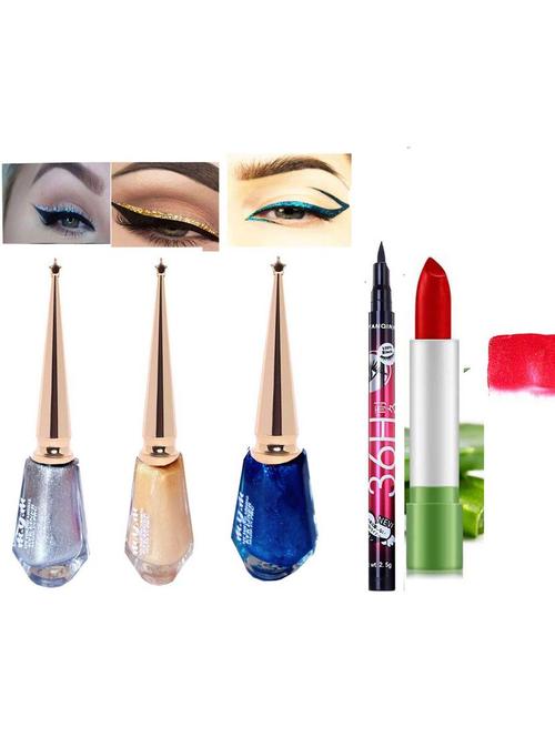 waterproof long lasting gold , silver , blue & black eyeliner & red aloe vera lipstick - 19085723 - Very Small Image - 1