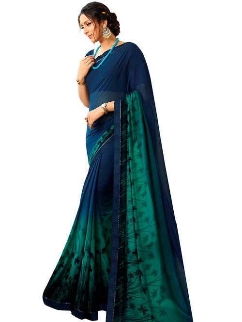 blue georgette printed saree with blouse - 19086379 - Very Small Image - 1