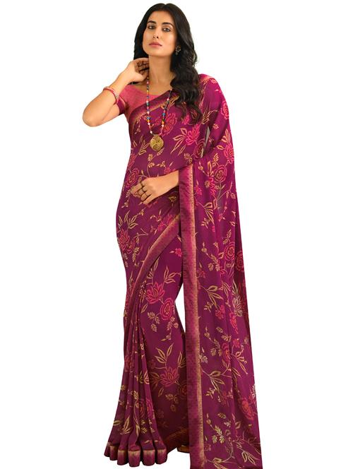purple georgette printed saree with blouse - 19086465 - Very Small Image - 1