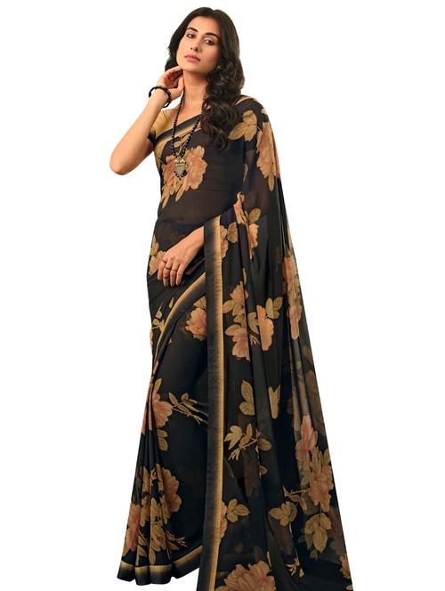 black georgette printed saree with blouse - 19086475 - Very Small Image - 1