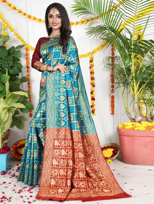 blue silk patola saree with blouse - 19087723 - Very Small Image - 1