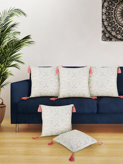 mezposh off white & pastel multi ethnic motifs embroidered faux silk cushion covers (16"x16") set of 5 - 19088619 - Very Small Image - 1